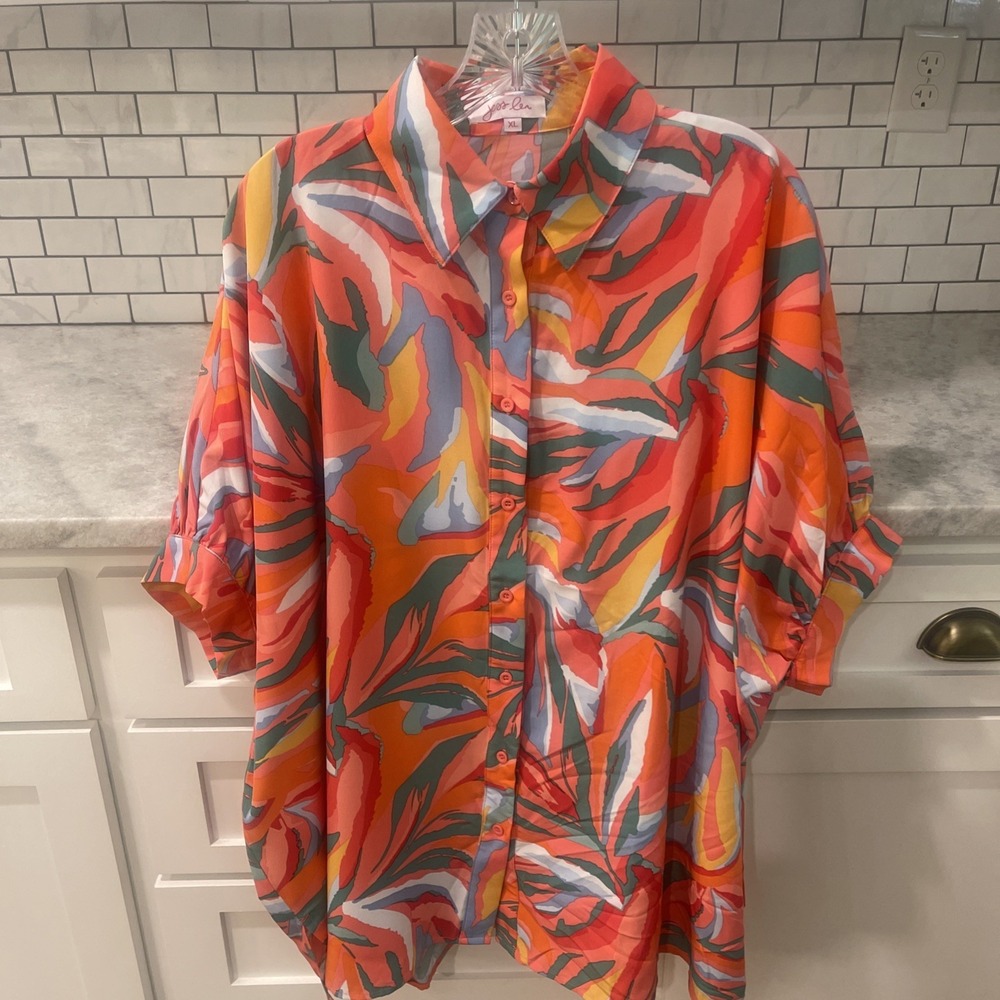Jess Lea Tunic Shirt Womens XL Pink Floral Button Up Puffed Sleeves Bohemian